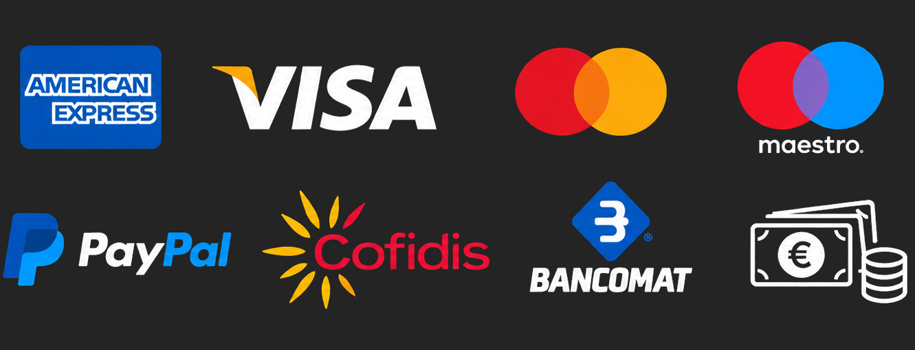 American Express, Visa, Mastercard, Maestro, PayPal, Cofidis, Bancomat e contanti
